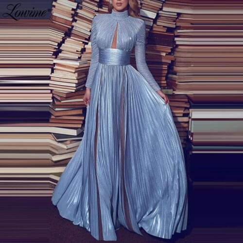 Blue Evening Dresses 2020 Elegant Formal Party Gowns Full Sleeves Pleats Long Prom Dresses For Woman Vestidos De Fiesta De Noche