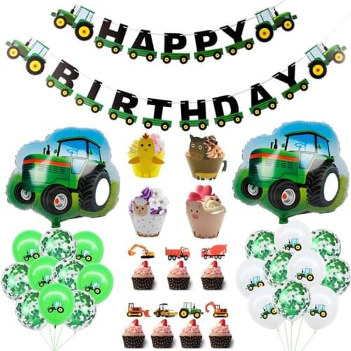 1Set Farm Theme Baby Age Decoration Construction Vehicle Happy Birthday Banner Truck Excavator Cake Decoration Tractor Party