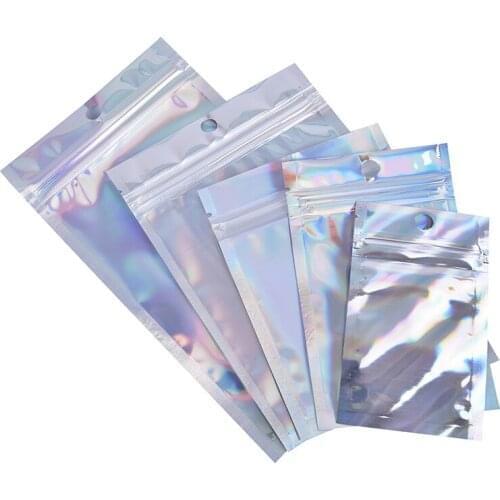 10Pcs Iridescent Zip Lock Pouches Cosmetic Plastic Laser Holographic Zipper Bags Self Seal Envelopes Gift Bags