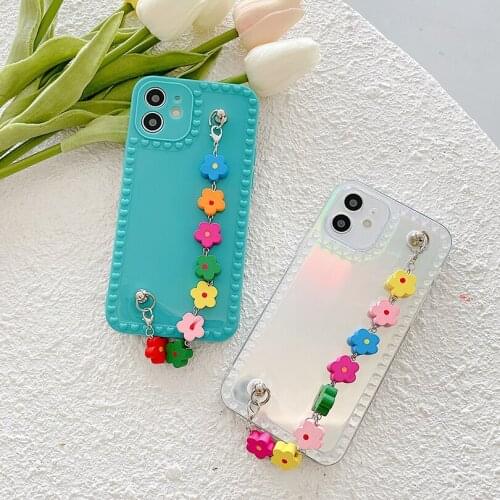 Bracelet Chain Phone Case For iphone 12 11 Pro XS Max 12 Mini XR X 8 7 6S 6 Plus SE 2020 Silicone Cover With Flower Wrist Strap