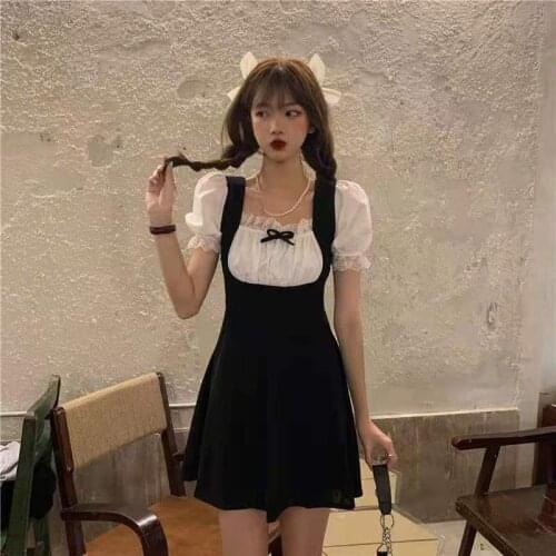 Gothic Dresses Midi Fairy Sweet Lolita JSK Lace Patchwork Big Girls Puff Sleeve Girl Japanese Fashion Harajuku Streetwear Party