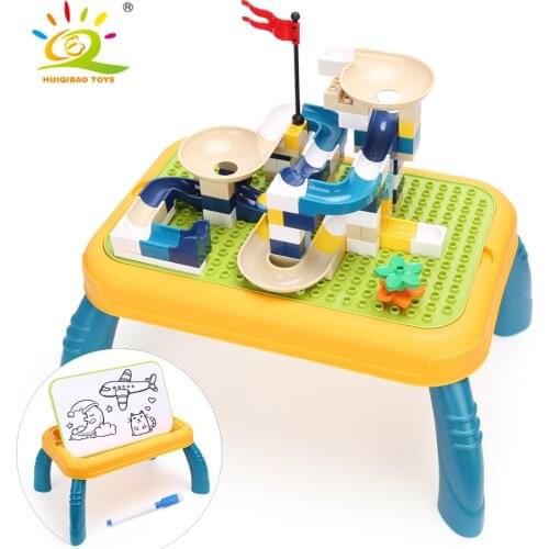 HUIQIBAO Big Building Block Desk Compatible Large Size Brick Multifunctional Study Table Learning Painting Board Children Toys