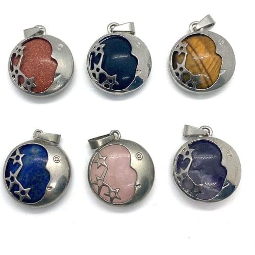 Exquisite Natural Stone Rose Quartz Crystal Round Star and Moon Charm Pendant Making DIY Jewelry Necklace Bracelet 24x26mm