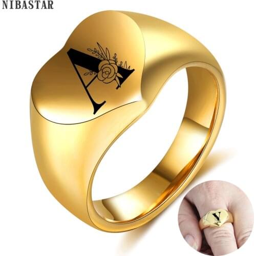 NIBASTAR Heart Seal Letters Ring For Men Stainless Steel Engrave Flower A-Z Ring Custom Finger Jewelry Accessory Party Gift