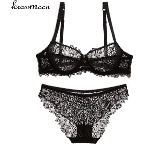 2018 New Sexy Womens Underwear Bra Set White and Black Color Bow-knot Bra Briefs Sets 3/4 Cup Lace Bra Transparent Panties BS11