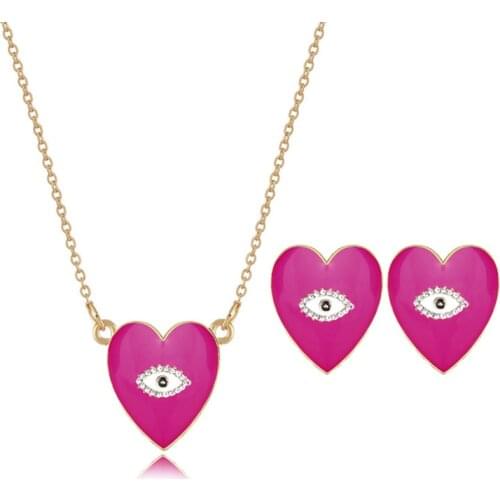 KOMi Korean Jewelry Sweet White Black Pink Love Heart Stud Earrings Necklace Sets for Women Girls Jewelry Accessories E20420