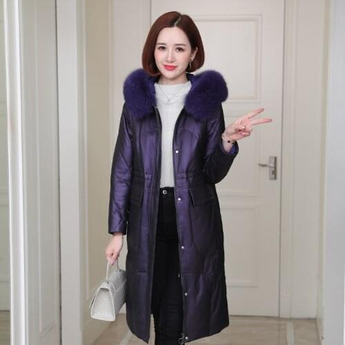 Real Sheepskin Leather Jackets Women 90% White Duck Down Womens Coats Fox Fur Collar Hooded Coat Female Cuero Genuino Zjt2091