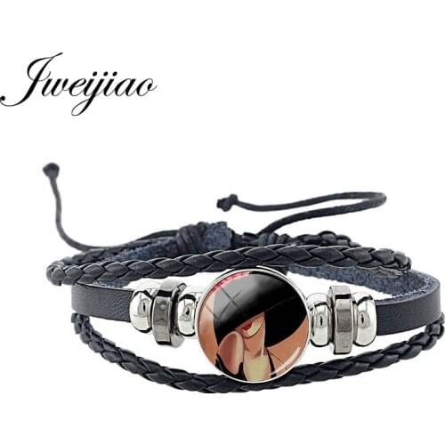 JWEIJIAO Fashion Modern Young Woman Picture Black Leather Glass Bangles Handmade Weave Adjustable Bracelet Girl Jewelry MD01
