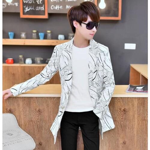 Mens long suits coat spring and autumn korean fashion slim printing suit mens casual suit masculino black white navy M - 3XL