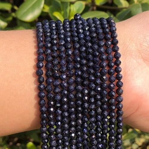 Natural Blue Sand Stone 2/3/4mm Faceted Mineral Loose Beads for Jewelry Making DIY Christmas Gift Bracelets 15'' Tiny Stone