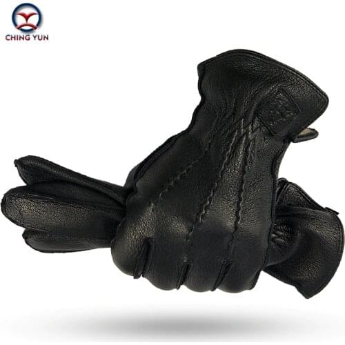 CHING YUN Winter Man Deer Skin Leather Gloves Buckskin Male Warm Soft Mens Black Wave pattern Mittens 70% Wool Lining-WZ01