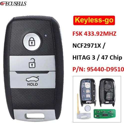 Keyless-Go 3 Button Remote Smart Key FSK 433.92MHz NCF2971X / HITAG 3 / 47 Chip KIA7 for Kia Sportage 2019-2020 P/N: 95440-D9510