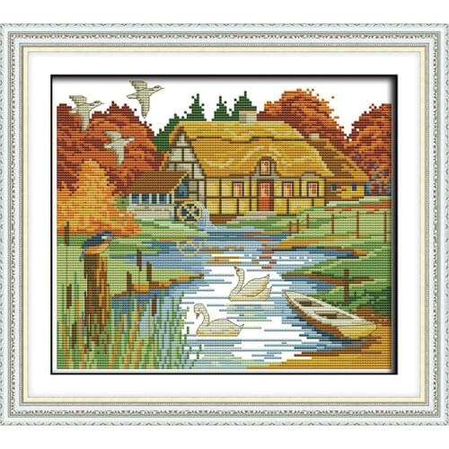 Joy sunday Autumn scenery Needlework Counted Cross Stitch Schemes Printed On Canvas 14 11CT DIY Handmade Crafts Home Decoration