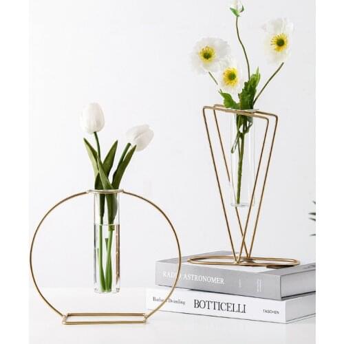 Nordic Retro Iron Line Vase Geometric Iron Art Hydroponics Glass Vase Flower Stand Metal Plant Holder Table Ornament Home Decor