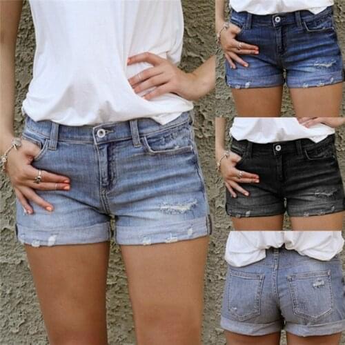 Vintage Ripped Hole Fringe Blue Denim Shorts Women Casual Button Pocket Jeans Shorts New Style Shorts