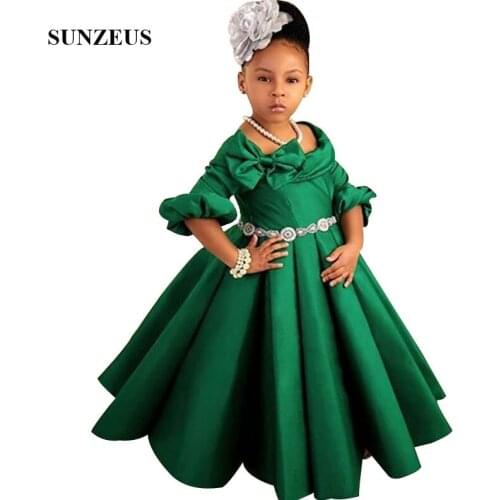 Green Satin Flower Girl Dress Floor Length Half Sleeves Wedding Party Gowns Long Children Dress