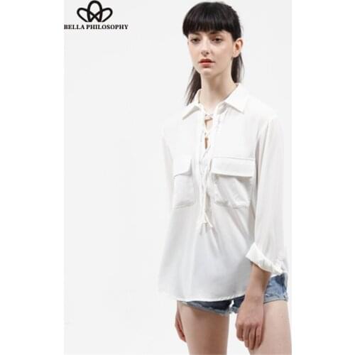 Bella Philosophy 2018 spring summer new womens chest-bandage pockets Chiffon blouse shirt