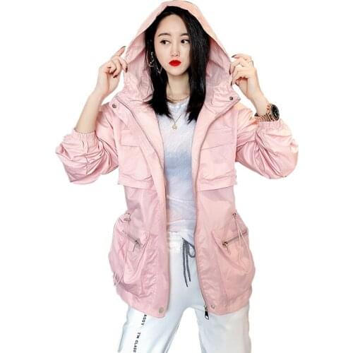 Chic Pure Color Fashion Women Mid Length Windbreaker Coats Korean Version Of The Waist Drawstring Hooded Jacket Loose Outerwear