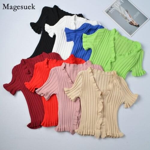 Summer 2021 Fuguns Short Sleeve Vintage Womens T Shirt V-Neck Solid Knitted Woman Tshirts Button Casual Tees Tops Female 10265