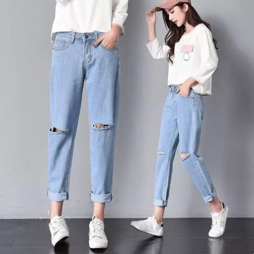 Denim fabric Destroy Wash jeans women jeans ripped hole jeans high waist pants ankle-length trousers students jeans