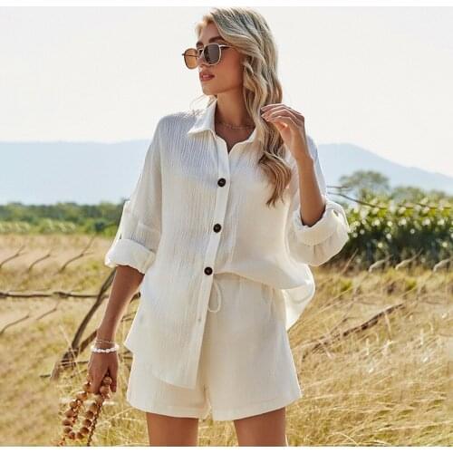 2021 Trend Spring New Long-sleeved White Shirt Top Cotton Linen Shorts Matching Suit Female Casual Suit Two-piece Female