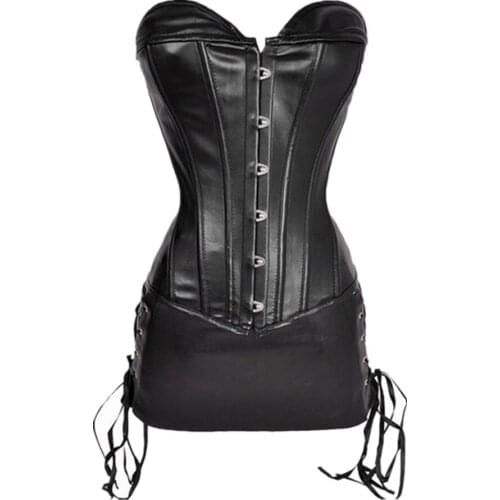 Women Sexy Steampunk Lace Up PU Faux Leather Overbust Corsets And Mini Skirt Set Body Shaper Bustiers Corset Dress