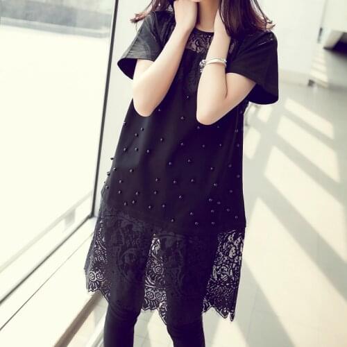 Summer New 2019 Women Round Neck Lace Stitching Dress Plus Size Casual Loose Short Sleeve Hollow Out Dress White Black Vestidos