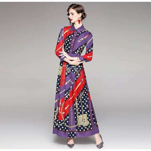 Autumn Fashion Runway Chain Dot Maxi Dresses Womens Long Sleeve Vintage Contrast Printed Boho Pleated Party Vestido k7470