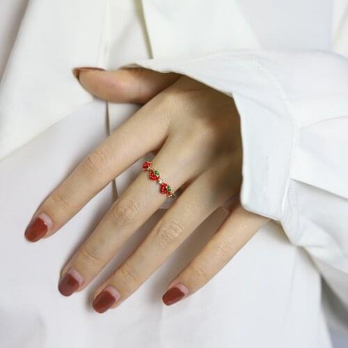 Ins Girl Heart Strawberry Open Ring Female Korean Simple Wild Student Girlfriend Zircon Cute Sweet Ring Tail Ring Gift
