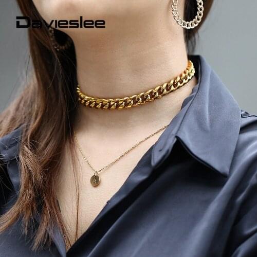 Womens Necklace 11mm Big Chunky Curb Chain Choker Statement Gold Color Stainless Steel New Fashion Jewelry Gift for Women LDN178