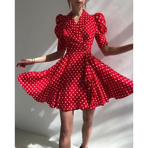 Summer Dress Women 2021 Elegant Sexy V-neck Dot Print Party Dress Casual Puff Sleeve High Waist Slim Ruffles Mini A Line Dresses