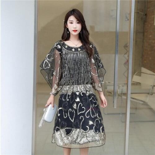Fashion Brand Short Sleeve Sequins Embroidery Mesh Dress Summer Runway Women Elegant Round Neck Mid-Length Black White Dresses