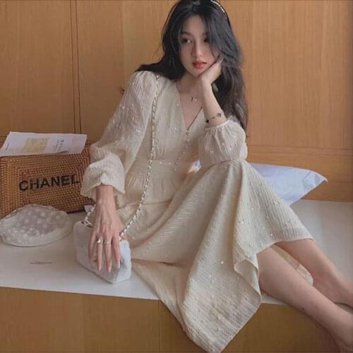 Woman Dress Summer Vintage Sequined V-neck Dress Womens Autumn Clothing New Chiffon Vestido De Mujer
