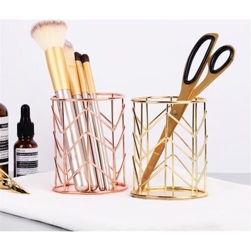 Gold Iron Pen Holders Simple Rose Gold Storage Box Geometric Round Metal Pen Container Case Table Ornaments Office Organizer