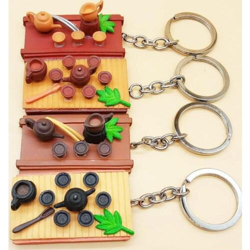 1PC Creative Chinese Style Tea Set Resin KeyChain Women Mens Fashion Personality Bag Key/ Mobile Phone Pendant Birthday Gift