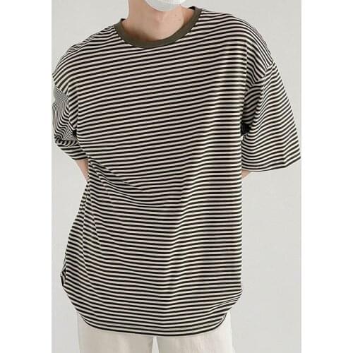 Stripe O-neck Short Sleeve T-shirt Man Summer Loose Basic Oversized T-shirt Mens Casual Simplicity Green T-shirts Men 2021