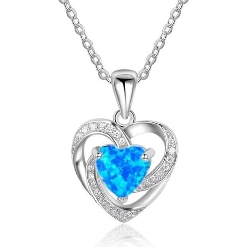 Hot Sale Romantic Heart Shape Openwork Engraving Blue Pendant Necklace Best Female Wedding Jewelry