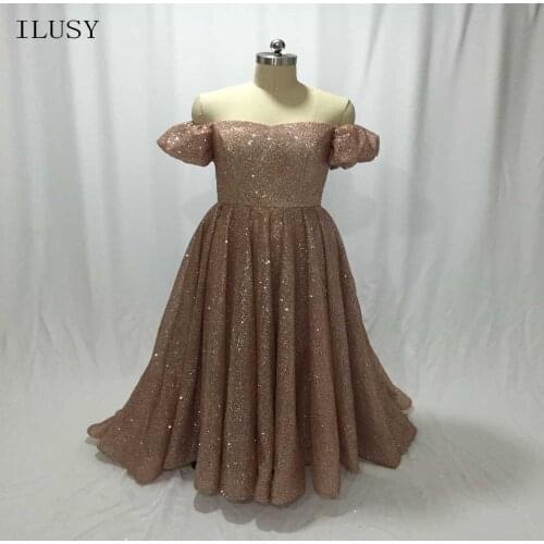 ILUSY A Line Evening Gowns Glitter Shiny Sweetheart Puffy Sleeve Evening Gowns Specail Occasion Dresses Vestido de festa