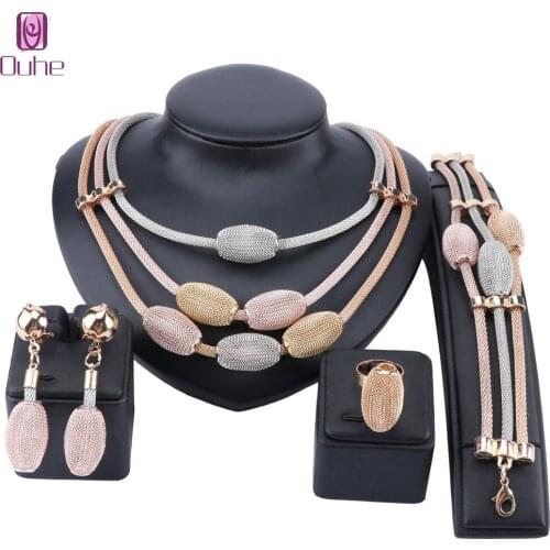 Exquisite Dubai gold Jewelry Set Luxury Nigerian Woman Wedding Fashion Costume Design Three Tone Layered Necklace Jewelry Set