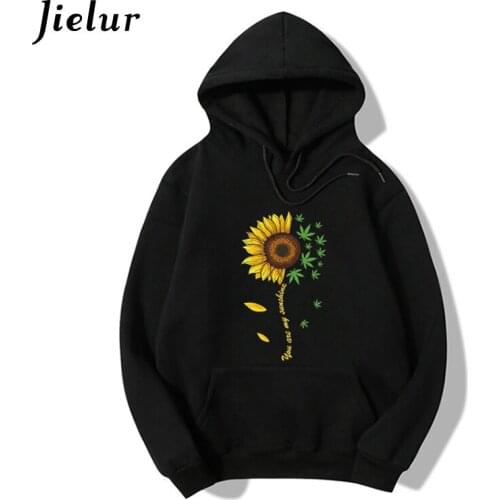 Jielur Winter New Sunflower Print Women Hoodies Fleece Hooded Pullover M-XXXL Pocket Loose Simple Gray Black Female Sweatshirt