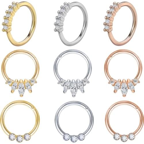 ZS 1pcs Stainless Steel Nose Piericing Ring 1.2mm Crystal Nose Suptum Ring Women Nose Hope Piercing Clicker For Body Jewelry