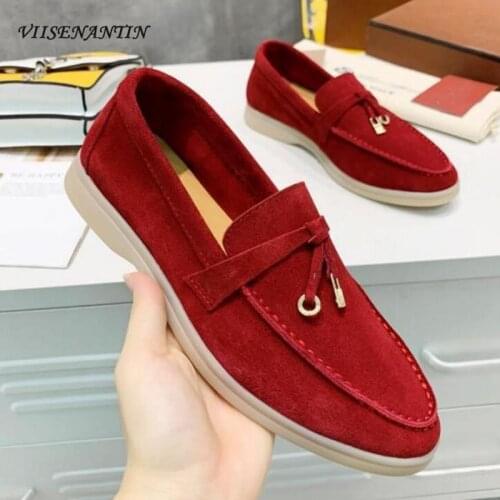 Real Leather Cow Suede Flat Shoe All Season Lock Fringe Tassel Slip on Loafers for Both Women Men Couple Casual Lazy Shoes