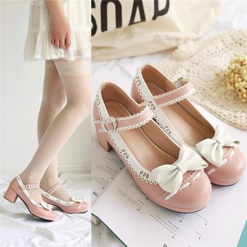 Sweet Lolita Shoes Vintage Round Toe Chunky Heels Women Shoes Cute Bow Mary Jane Kawaii Shoes Loli Cosplay Kawaii Girl