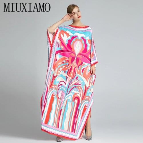 MIUXIMAO 2021 Bohemian Plus Size Dress O-neck Batwing Sleeve Maxi Dress Women Elastic Silk Floor Length New Fashion Kaftan Dress