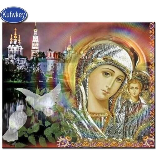 New Arrival DIY Diamond mosaic icon Virgin and child Peace pigeon Russia city night Full Square Round Drill Full Layout Display
