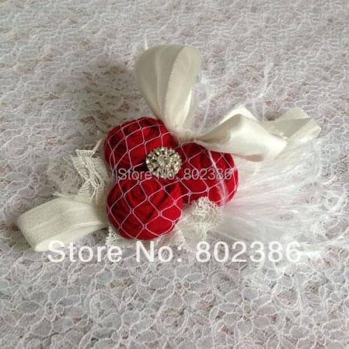 Free Shipping Red Roll Flower Ivory Ostrich Feather Dupioni Silk Bow Headband Kids Hair Accessories