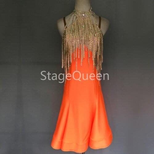 Orange Fringed Women Latin Dance Dress Sparkly Rhinestones Competition Performance Clothing Female Adult Rumba Salsa Dresses