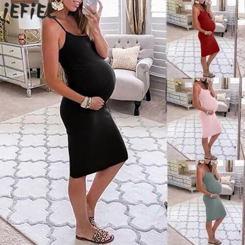Maternity Dresses Clothes Elegant Pregnancy Bodycon Dress Solid Color Spaghetti Strap Sleeveless Sundress For Pregnant Women