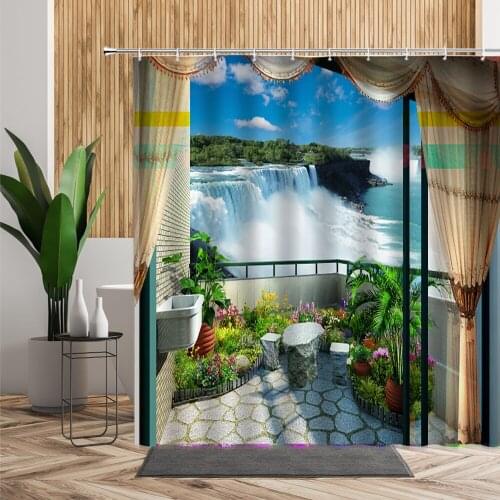 Windowsill Garden Landscape Shower Curtains Waterfall Sea Green Plant Scenery Home Decor Background Wall Cloth Bath Curtain Set