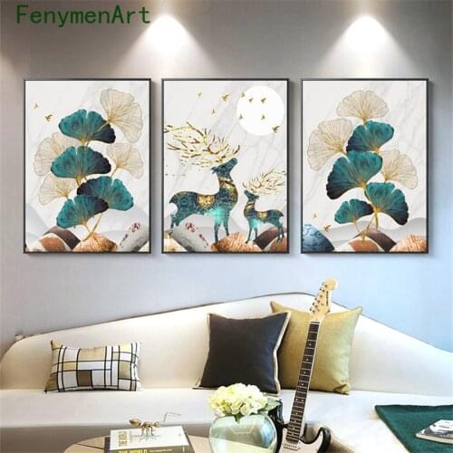 Gold Elk Deer Leaf Canvas Painting Nordic Abstract Landscape Poster Print Wall Art Pictures for Living Room Home Decor